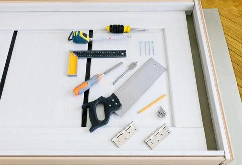 Set of hand tools for installing doors and inserting hinges. Stock Photos