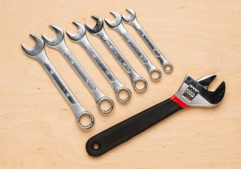 Set of hand tools on a wooden panel Foto stock