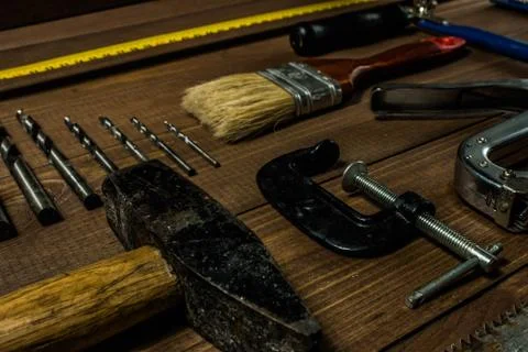 Set of hand tools on a wooden table Stock Photos
