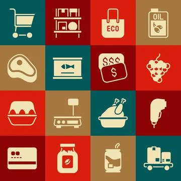 Set Hand truck and boxes, Scanner scanning bar code, Grape fruit, Shopping bag 库存插图