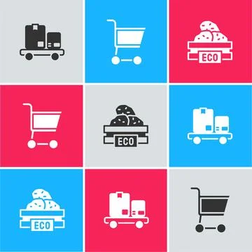 Set Hand truck and boxes, Shopping cart and Wooden for fruits icon. Vector Stock Illustration