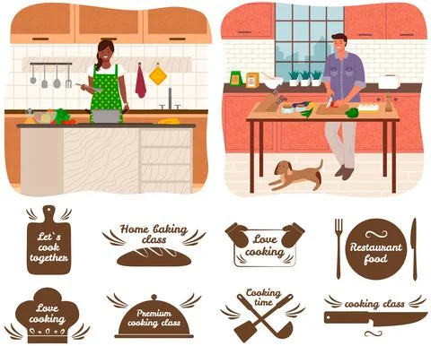 Set of hand writings about kitchen and cooking near people preparing food Stock Illustration