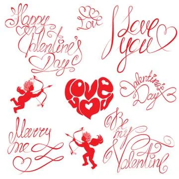 Set of hand written text: happy valentine`s day, i love you, marry me, etc. c Illustrazione stock