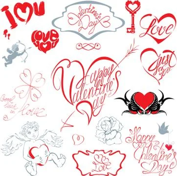 Set of hand written text: happy valentine`s day, i love you, just for you, et Illustrazione stock