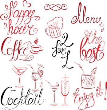 Set of hand written text: happy hour, menu, coffee, cocktail , etc. calligrap Stock Illustration
