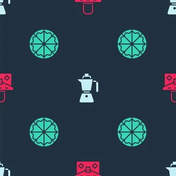 Set Handbag, Coffee moca pot and Pizza on seamless pattern. Vector イラスト素材