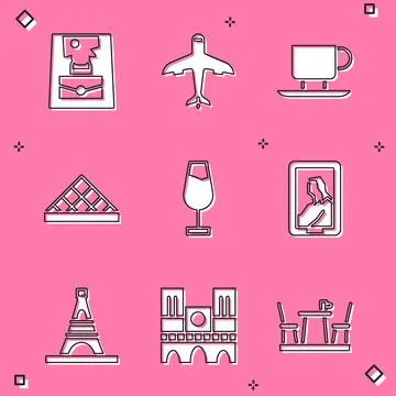 Set Handbag, Plane, Coffee cup, Louvre museum, Wine glass, Portrait, Eiffel.. Illustrazione stock