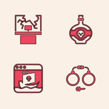 Set Handcuffs, Broken window, Poison bottle and Internet piracy icon. Vector イラスト素材