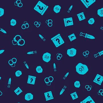 Set Handcuffs, Dagger, Mystery box and Magic runes on seamless pattern. Vector Stock Illustration