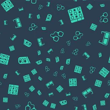 Set Handcuffs, Drum machine music,  and Glasses on seamless pattern. Vector Stock Illustration