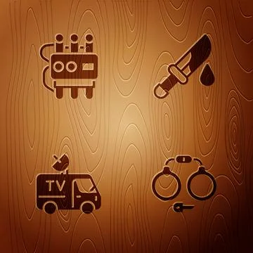 Set Handcuffs, Dynamite timer clock, TV News car and Bloody knife on wooden 스톡 일러스트