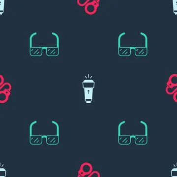 Set Handcuffs, Flashlight and Safety goggle glasses on seamless pattern. Vect イラスト素材