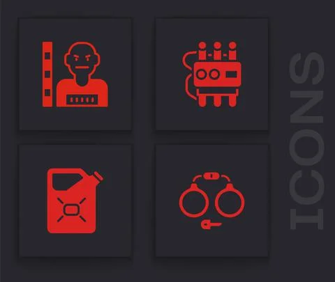 Set Handcuffs, Suspect criminal, Dynamite timer clock and Canister fuel icon Stock Illustration