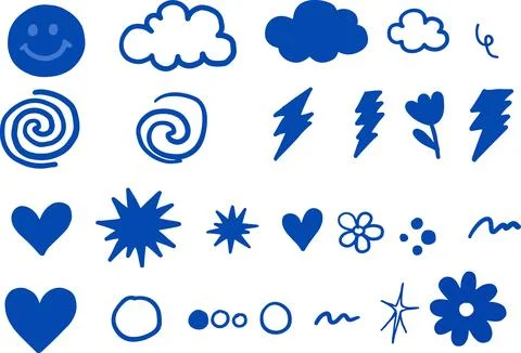 Set of handdrawn doodle elements including hearts flowers and weather icons Ilustración de archivo