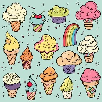 Set of handdrawn multicolor ice creams in the waffle cones Stock Illustration