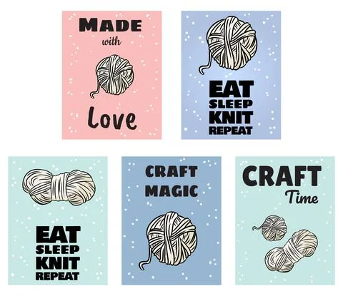 Set of handi craft postcards. Cotton yarn and candles handicraft comic style Stock Illustration