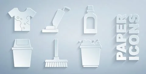 Set Handle broom, Bottle for cleaning agent, Trash can, Bucket with foam, Vacuum Illustration