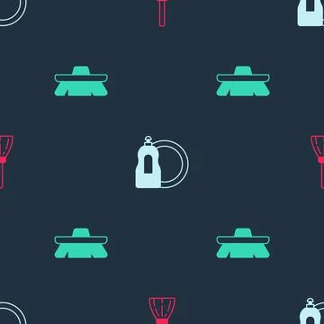 Set Handle broom, Dishwashing liquid bottle and Brush for cleaning on seamles Stock Illustration
