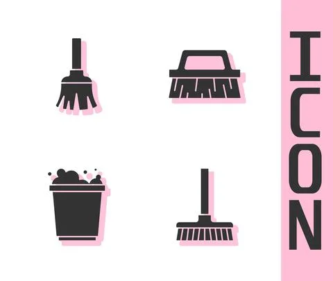 Set Handle broom, Feather, Bucket with foam and Brush for cleaning icon. Vector Stock Illustration