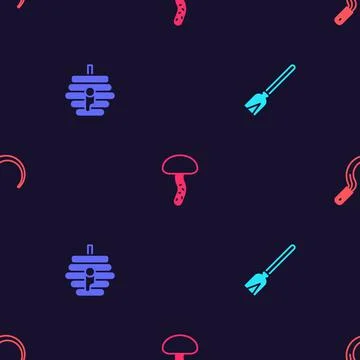 Set Handle broom, Hive for bees, Mushroom and Sickle on seamless pattern. Vector Stock Illustration