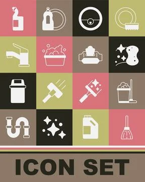 Set Handle broom, Mop bucket, Sponge, Robot vacuum cleaner, Basin with soap.. Stock-Illustration