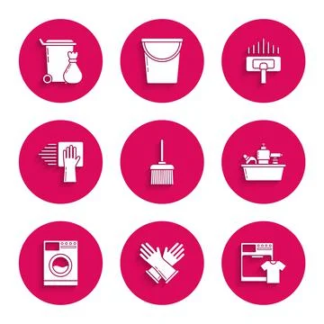 Set Handle broom, Rubber gloves, Washer t-shirt, Plastic bottles for liquid Stock Illustration