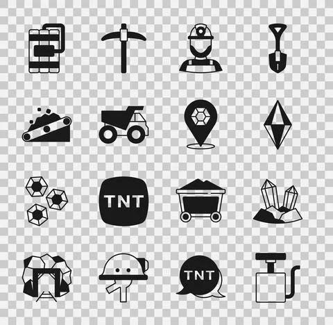 Set Handle detonator, Gem stone, Miner in helmet, Mining dump truck, Conveyor Illustrazione stock