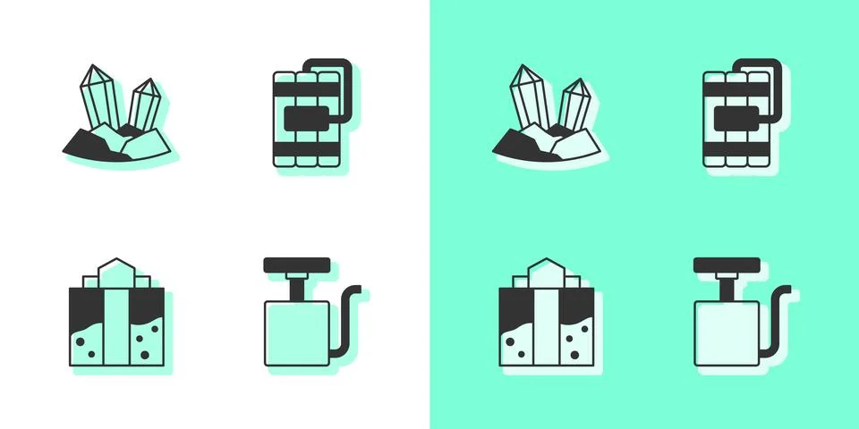 Set Handle detonator, Gem stone, Mine entrance and Dynamite icon. Vector Stock Illustration