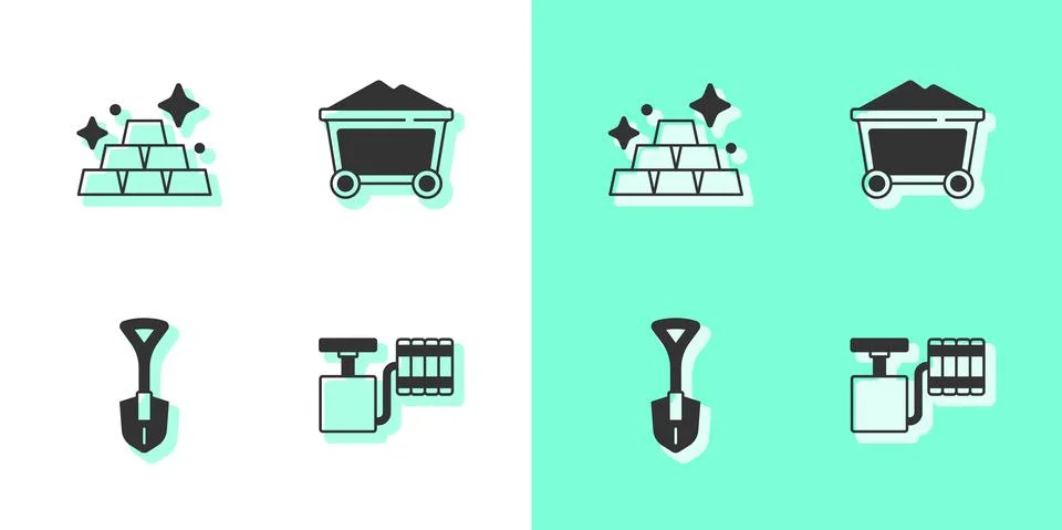 Set Handle detonator, Gold bars, Shovel and Mine coal trolley icon. Vector Illustration