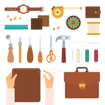 Set of handmade with leather icons flat vector Stock Illustration