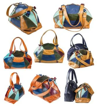 Set of handmade patchwork travel bags isolated 스톡 사진