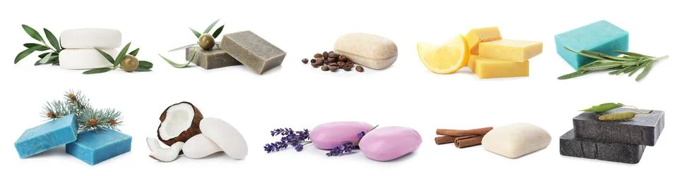 Set with handmade soap bars on white background. Banner design 写真素材