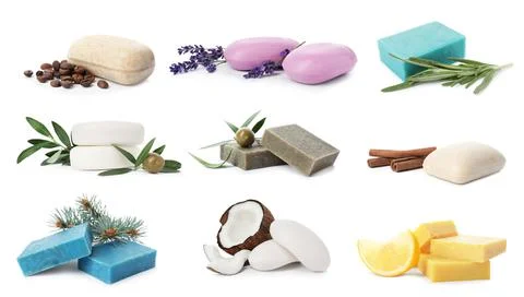 Set with handmade soap bars on white background 스톡 사진