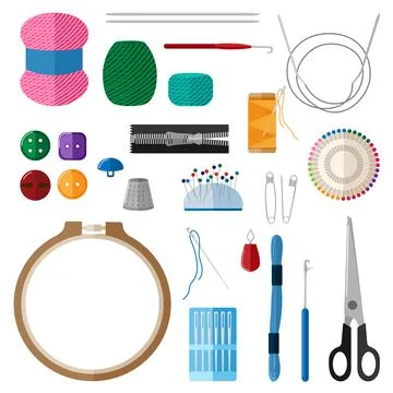 Set for handmade on white background. Kit for handicraft embroidery hoops, th Stock Illustration