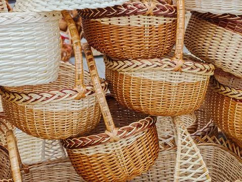 Set of handmade wicker baskets at city fair 스톡 사진