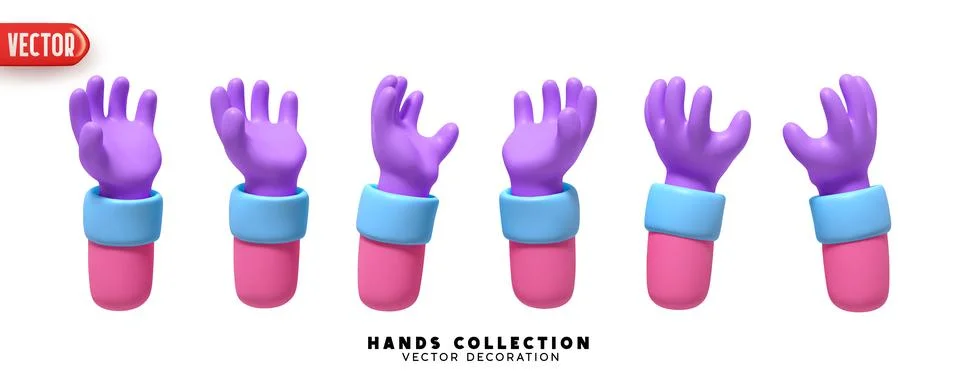 Set of hands 3d realistic design. Collection of 3D cartoon style hands in dif Stock Illustration
