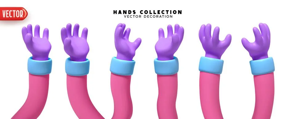 Set of hands 3d realistic design. Collection of 3D cartoon style hands in dif Stock Illustration