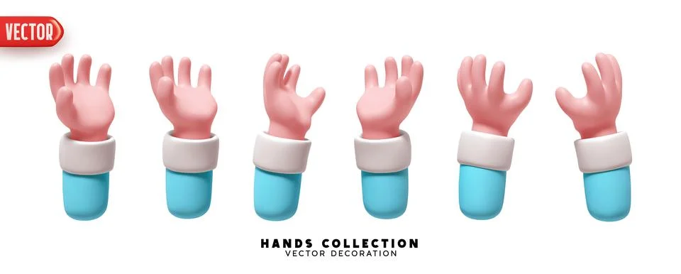 Set of hands 3d realistic design. Collection of cartoon hands palm up Vector  Ilustração Stock