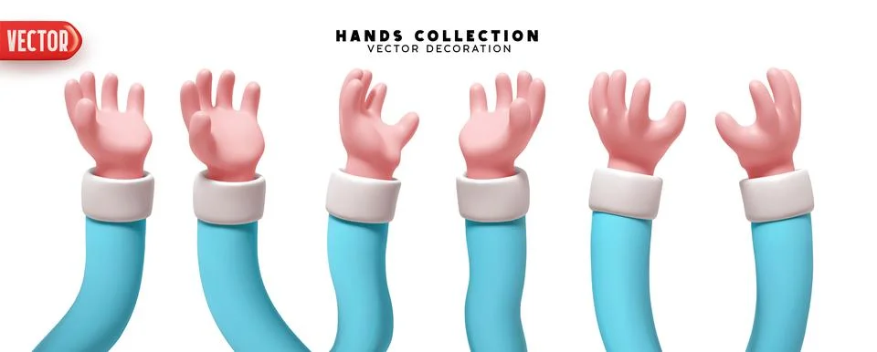 Set of hands 3d realistic design. Collection of cartoon hands palm up. Vector Ilustração Stock