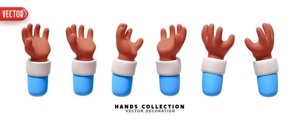 Set of hands 3d realistic design. Collection of cartoon hands palm up. Vect.. Ilustração Stock