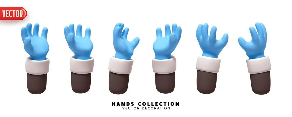 Set of hands 3d realistic design. Collection of 3D cartoon style hands in dif Stock Illustration