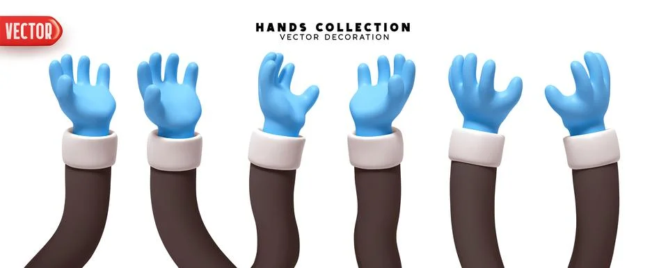 Set of hands 3d realistic design. Collection of 3D cartoon style hands in dif Stock Illustration