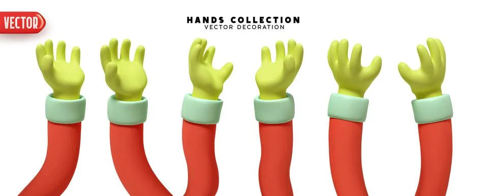 Set of hands 3d realistic design. Collection of cartoon hands palm up Vecto.. Ilustração Stock