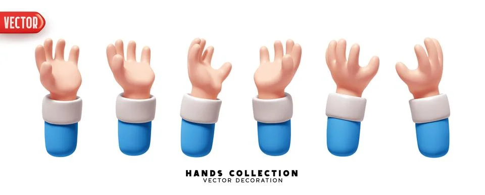 Set of hands 3d realistic design. Collection of cartoon hands palm up. Vect.. Ilustração Stock