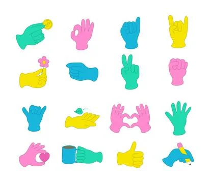 Set of hands abstract drawn comic. Multicolored different signs and symbols.. Stock Illustration