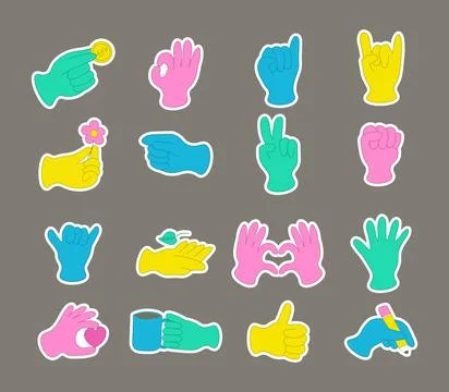 Set of hands abstract drawn comic. Multicolored different signs and symbols.. Stock-Illustration