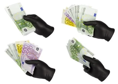 Set hands in black gloves hold euro bills Stock Photos