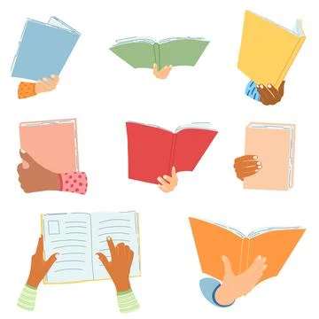 Set of hands with book in cartoon flat style. Concept of World book day, stud Stock Illustration