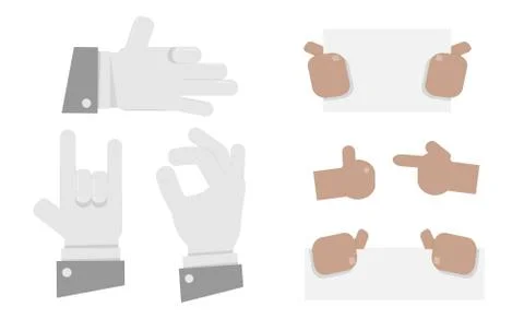 Set of hands in different gestures emotions and signs on white background. Holds Stock Illustration