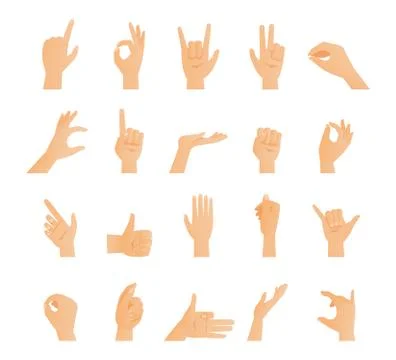 Set of hands in different gestures stop, thumbs up, finger pointer, ok, like and Stock Illustration
